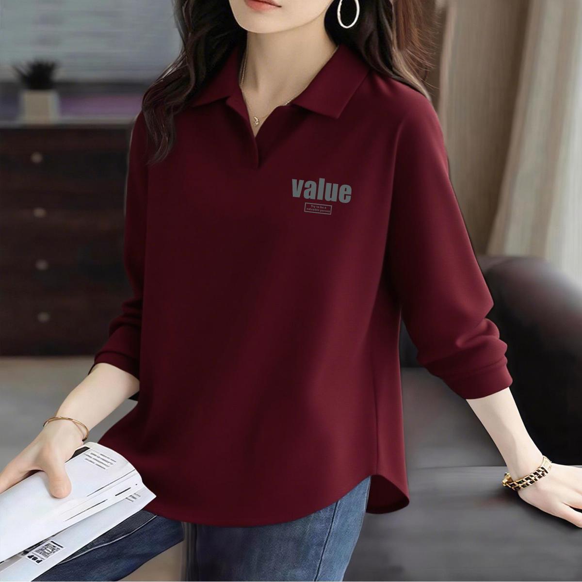 92% Cotton, New Spring/Autumn/Early Autumn Style, Rounded Hem, Long Sleeves, Thin Polo Collar, Women's Simple and Versatile T-Shirt