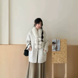 秋冬新款时尚双面羊毛大衣女毛球狐狸毛保暖毛呢外套韩版皮草围脖