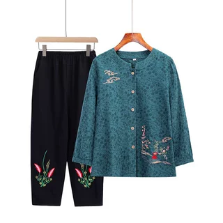 奶奶长袖妈妈春秋老人老太太衣服两件套中老年人春秋装刺绣套装女