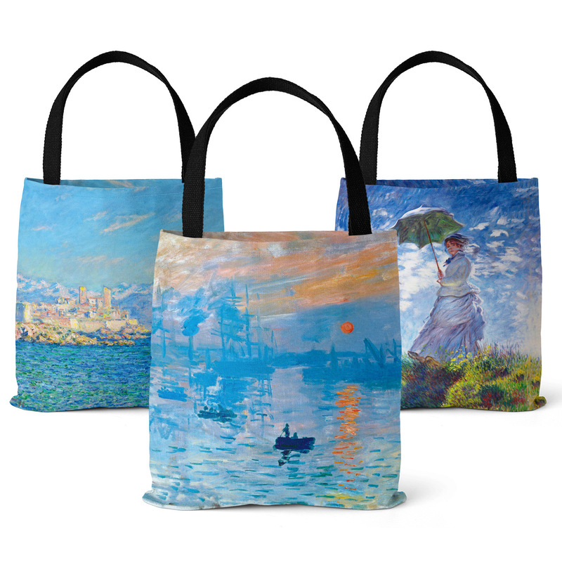 Amazon Cross-Border Supply Monet Sunrise Impressionist Oil Painting Digital Printing Eco-Friendly Bag Retro Canvas Bag
