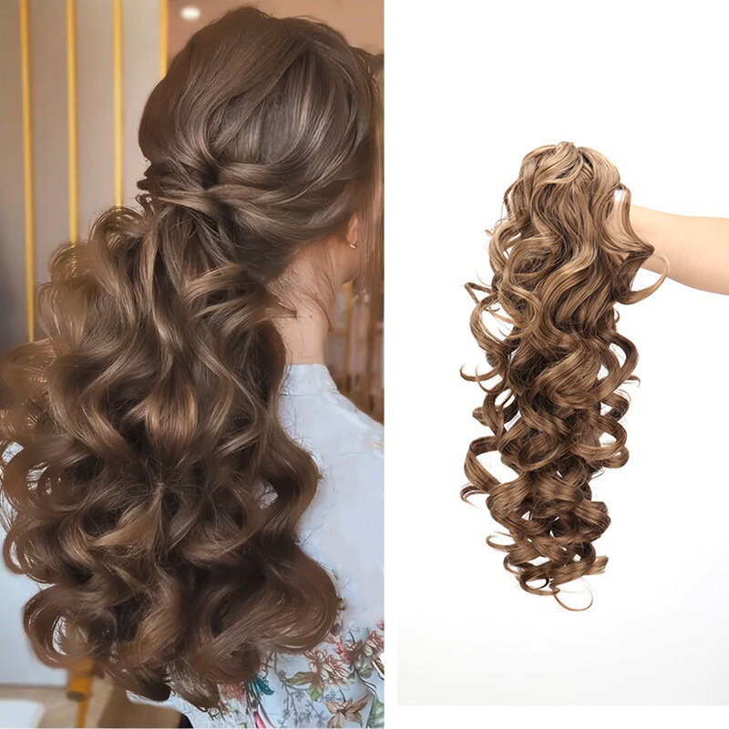 16inch ブラウンブラックグリッターテクスチャーカーリーヘア化学繊維合成ポニーテールグリッターポニーテール|undefined