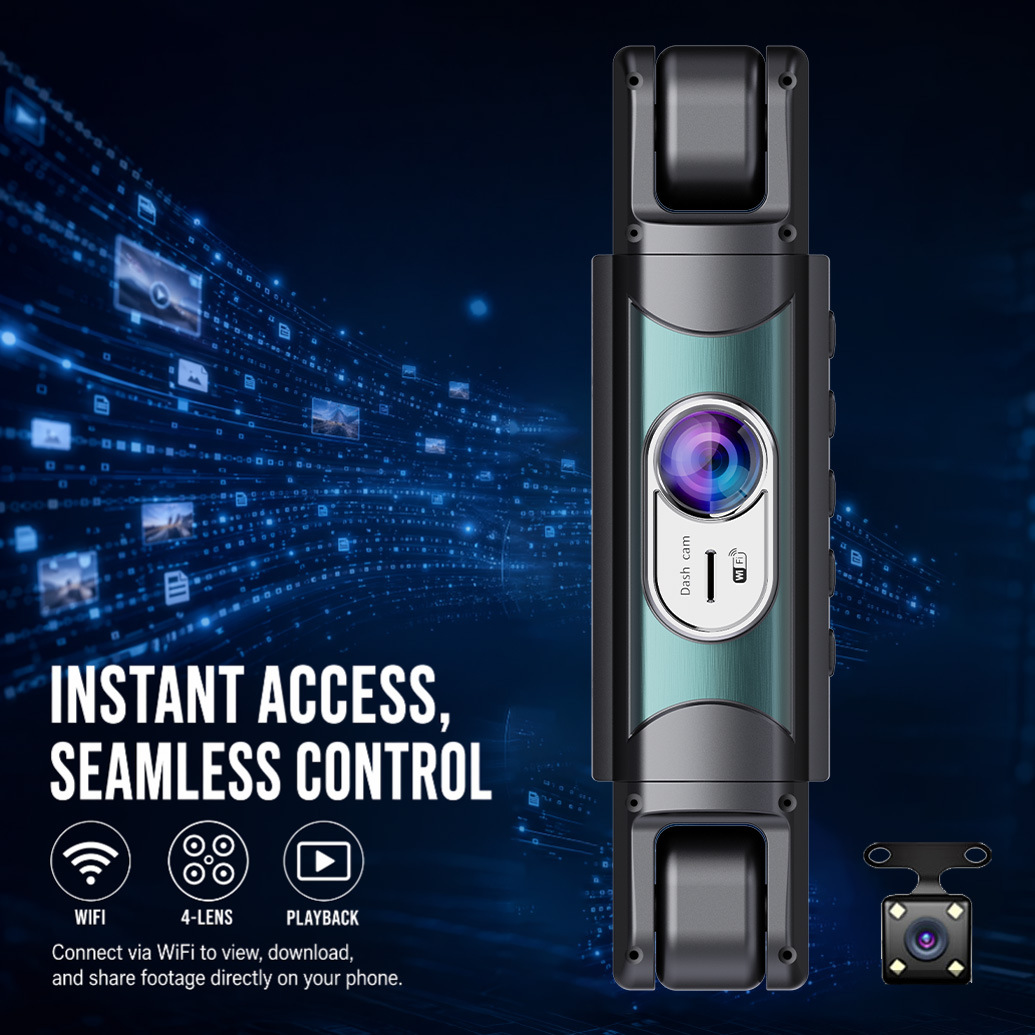 Cross-border four-lens dashcam with high-definition night vision, four-channel 1080P panoramic parking monitoring, and WiFi connectivity