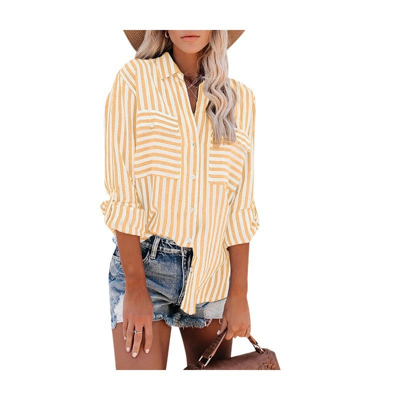 Fashion Stripe Shirt Collar Long Sleeve Regular Sleeve Printing Pocket Blouse