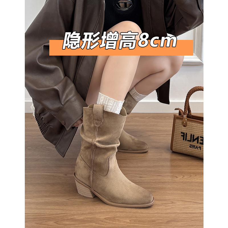 牛皮版~真皮露思同款内增高8cm粗跟短靴女堆堆靴西部牛仔靴马丁靴|undefined