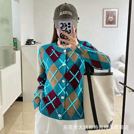 南油2025年秋季新款韩版菱格圆领针织开衫潮宽松时髦显瘦毛衣外套