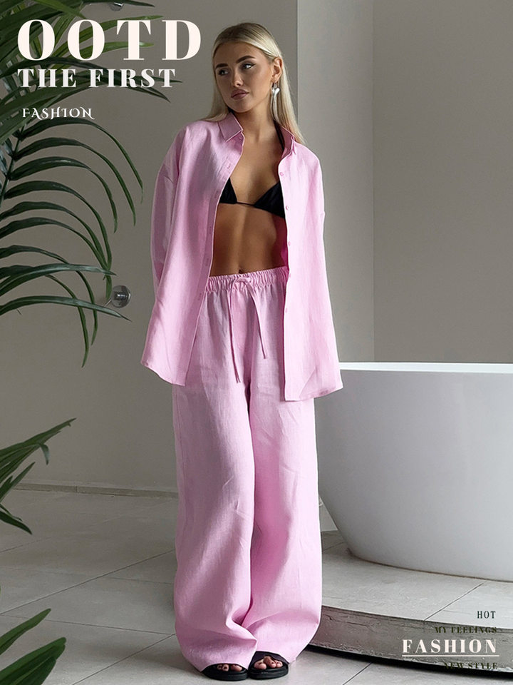 Bộ áo sơ mi dài tay rộng rãi kèm quần dài cotton phong cách thường ngày — Màu trắng nhạt, hồng, màu cà phê, màu trắng chi tiết 2