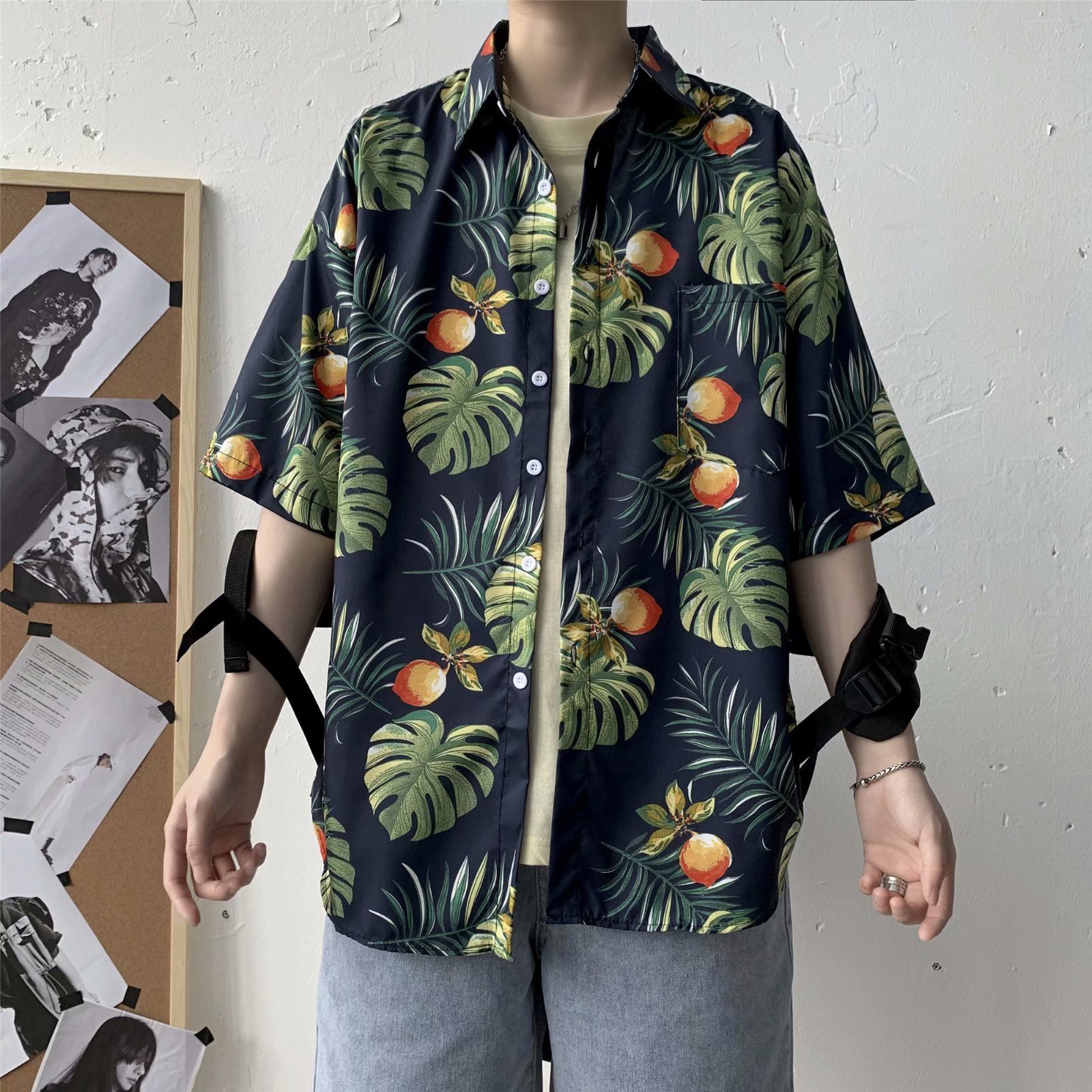 Estilo japonés retro floral camisa de manga corta de los hombres estilo coreano moda fresco todo partido guapo media manga hawaiana camisa de moda