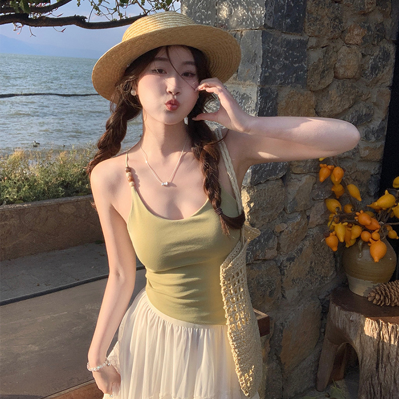 Beaded Hanging Neck Sling Design Niche Outfit Small Vest Women's 2025 New American Style Hot Girl Slim-fit Top