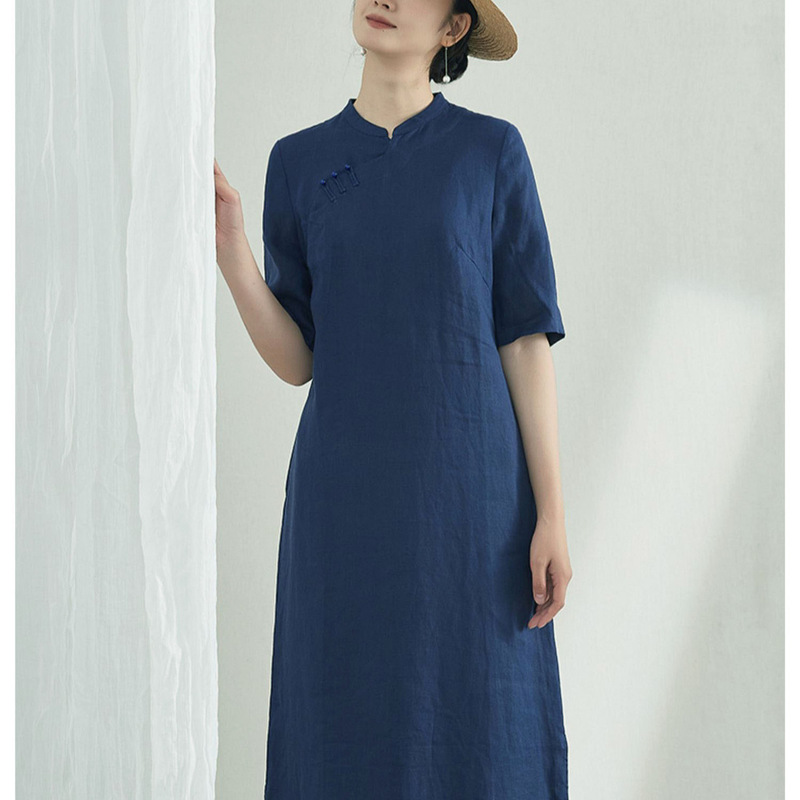 Summer Half-placket Improved Cheongsam Art Tea Clothing Sand Wash Linen Standing Collar Dress Women's Side Split Summer Half-placket Improved Cheongsam Art Tea Clothing Sand Wash Linen Standing Collar Dress Women's Side Split