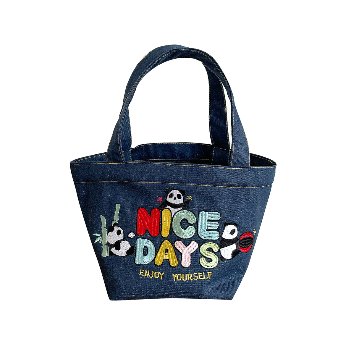 Lindo bolso de mano de mezclilla de dibujos animados bordado bolsa de almuerzo de moda bolso portátil cremallera bolso de la momia