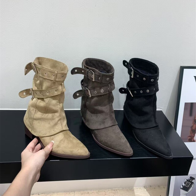 High-Heeled Pointed Toe Suede Slim Boots Short Boots Women's Boots 2025 New Spring and Autum Western Jeans Tube Boots