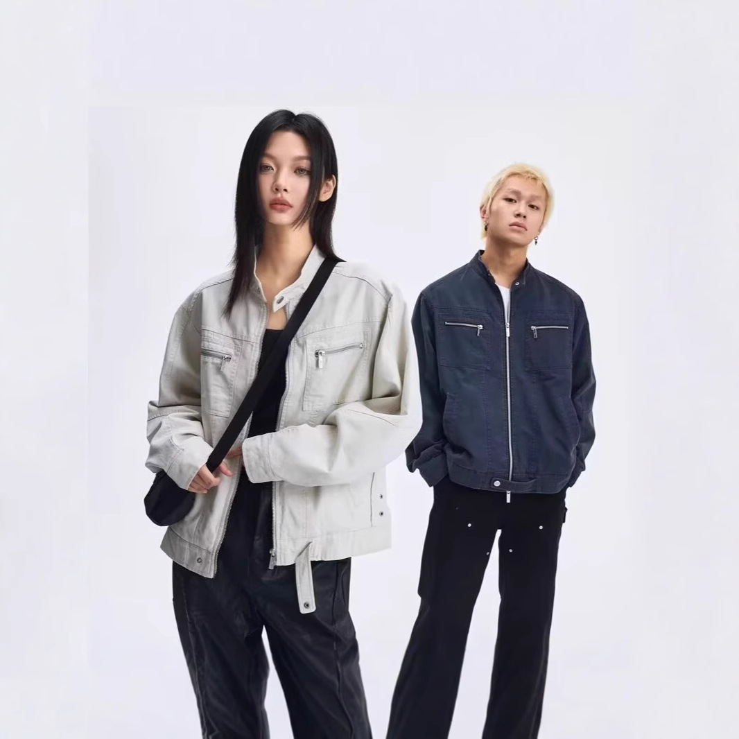 美式复古水洗做旧立领牛仔外套男女秋冬季高街潮牌多口袋工装夹克