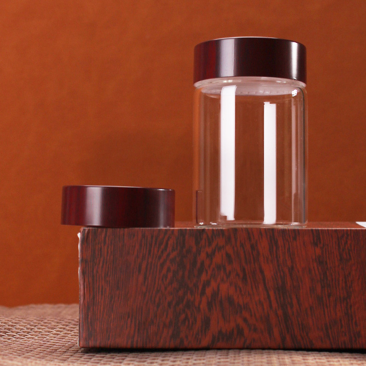 新款47MM直径直筒玻璃瓶50ML深木纹盖储物瓶密封瓶 圆形玻璃