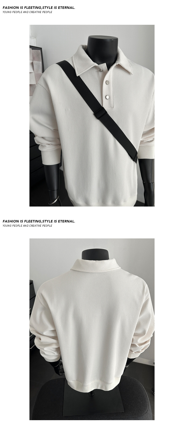 American-style Trendy Solid Color Waffle Knit Old Money Style 2026 Spring New Polo Collar Long-sleeve Sweatshirt, Unisex_voghion.com