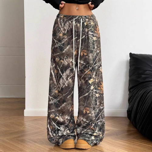 Cross-border 2025 American-style youth fashion casual elastic waistband camo print slim-fit wide-leg floor-length pants