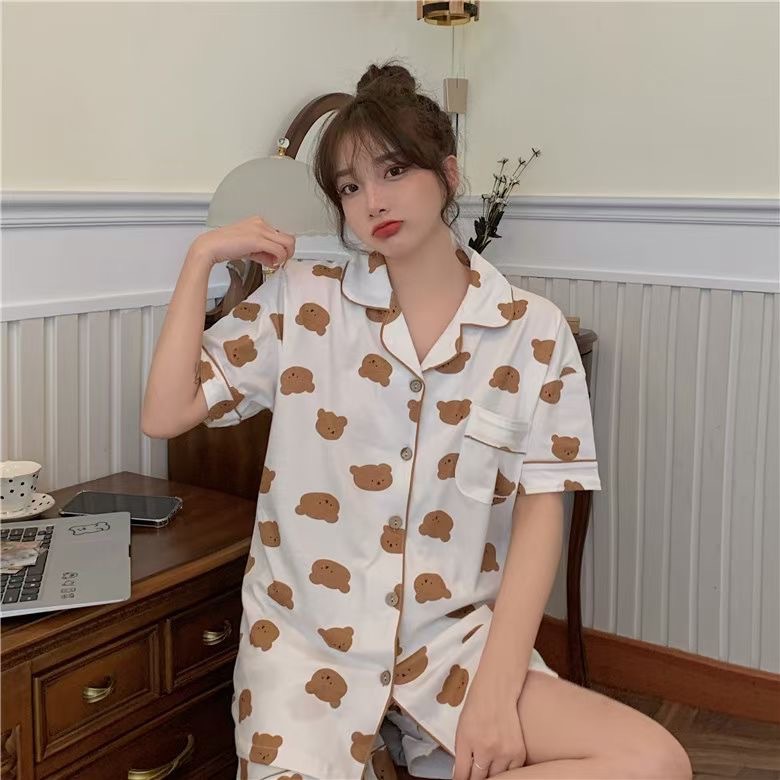 Pijamas de verano de las mujeres de manga corta linda chica Corazón de dibujos animados solapa desgaste del hogar WeChat transmisión en vivo en línea traje de entrega de una pieza