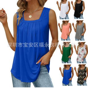 Amazon wish2023 European and American Summer Pleated Square Collar Halter Loose Casual Printed Sleeveless Vest Dress