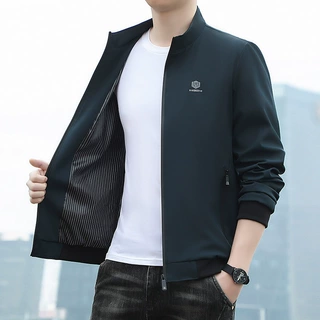 跨境新款中年修身简约男士夹克立领印花春秋季中年商务休闲外套男