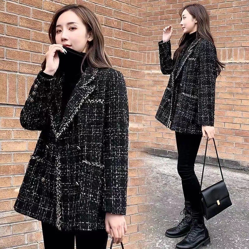 2026 Spring New Women's Loose Plaid Woolen Jacket, Chanel-Style Tweed Socialite Patchwork Blazer