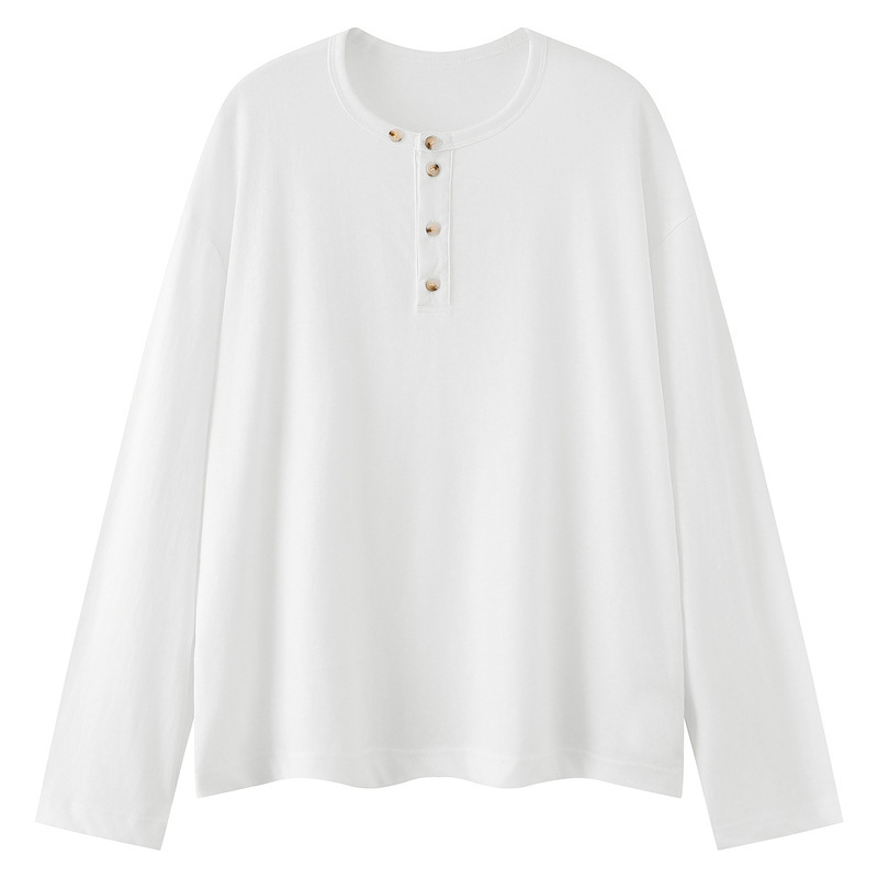 American Cleanfit White Henley Collar Long-Sleeved T-Shirt Men's Old Money Lazy Loose Casual Bottoming Shirt Top