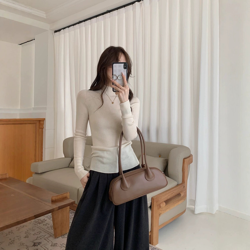 Fine-knit all-wool half-turtleneck sweater, seamless woolen knit base shirt, women's thin base shirt