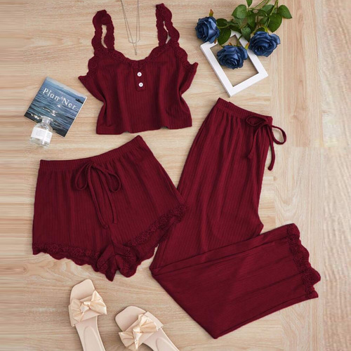 【Win Cup Cross-Border Strict Selection】Cross-Border Bestselling European and American High Elastic Lace Edge Strappy Short Long Pants Set of Three for Women