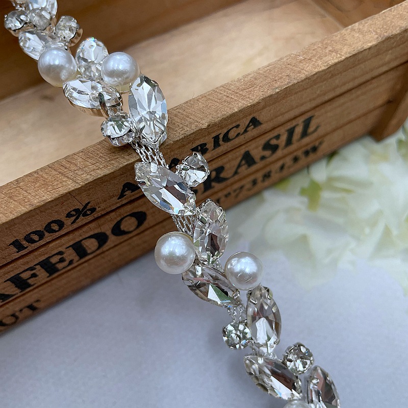 现货批发电镀银底烧焊爪链水钻珍珠链条服装服饰装饰配件水晶饰品