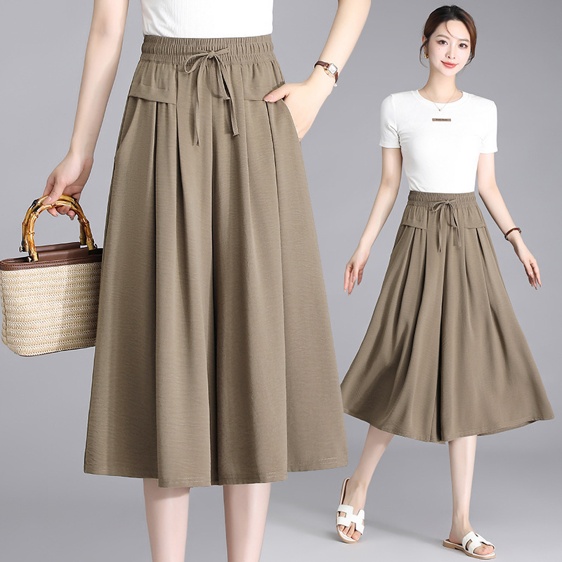 Ice Silk Wrinkled Wide-Leg Cropped Pants 2025 Summer New High-Waisted Korean Style Casual Pants Loose Thin Culottes for Women