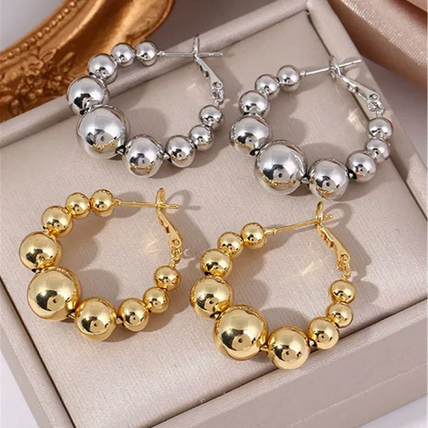 Cross-Border European and American Style Metallic Earrings, Fashionable Versatile Ear Accessories, Beaded Round Large Hoop Earrings, Qingdao Jewelry