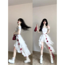 夏季一整套穿搭浪漫绝美漂亮一字肩白色蕾丝裙子套装女爆款两件套