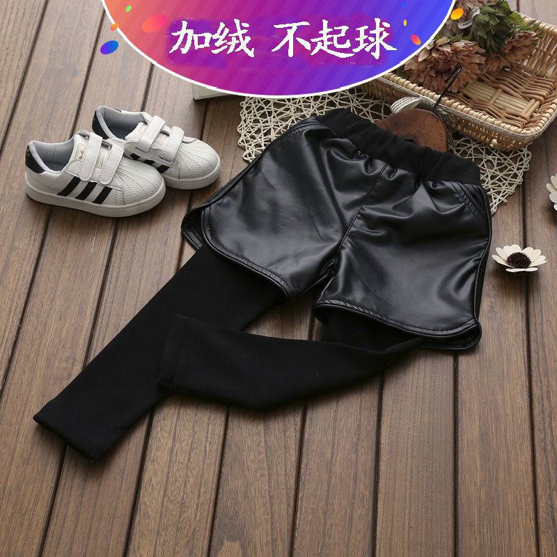 女童冬装假两件加厚裤子宝宝靴裤儿童韩版小童加绒皮短裤打底裤潮