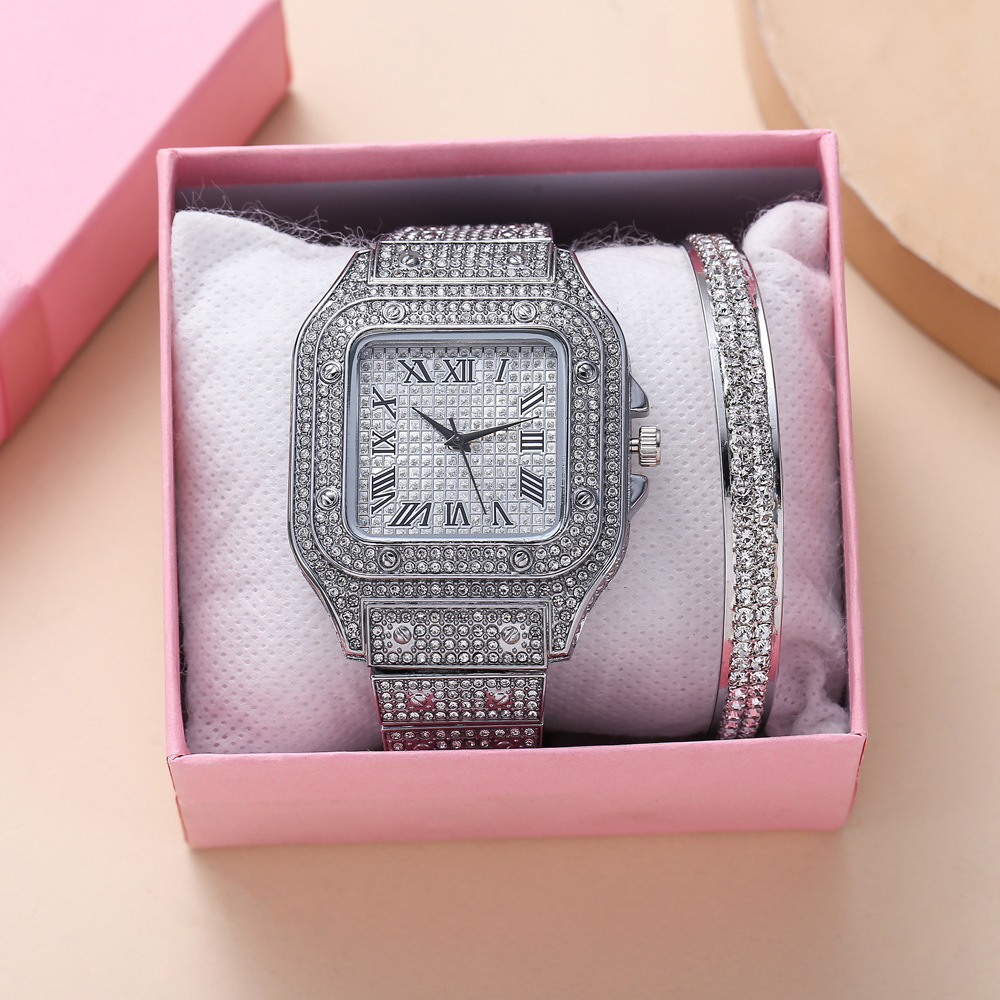 Casual trend personality square large dial full diamond steel belt quartz watch + bracelet (2pcs/set)_voghion.com