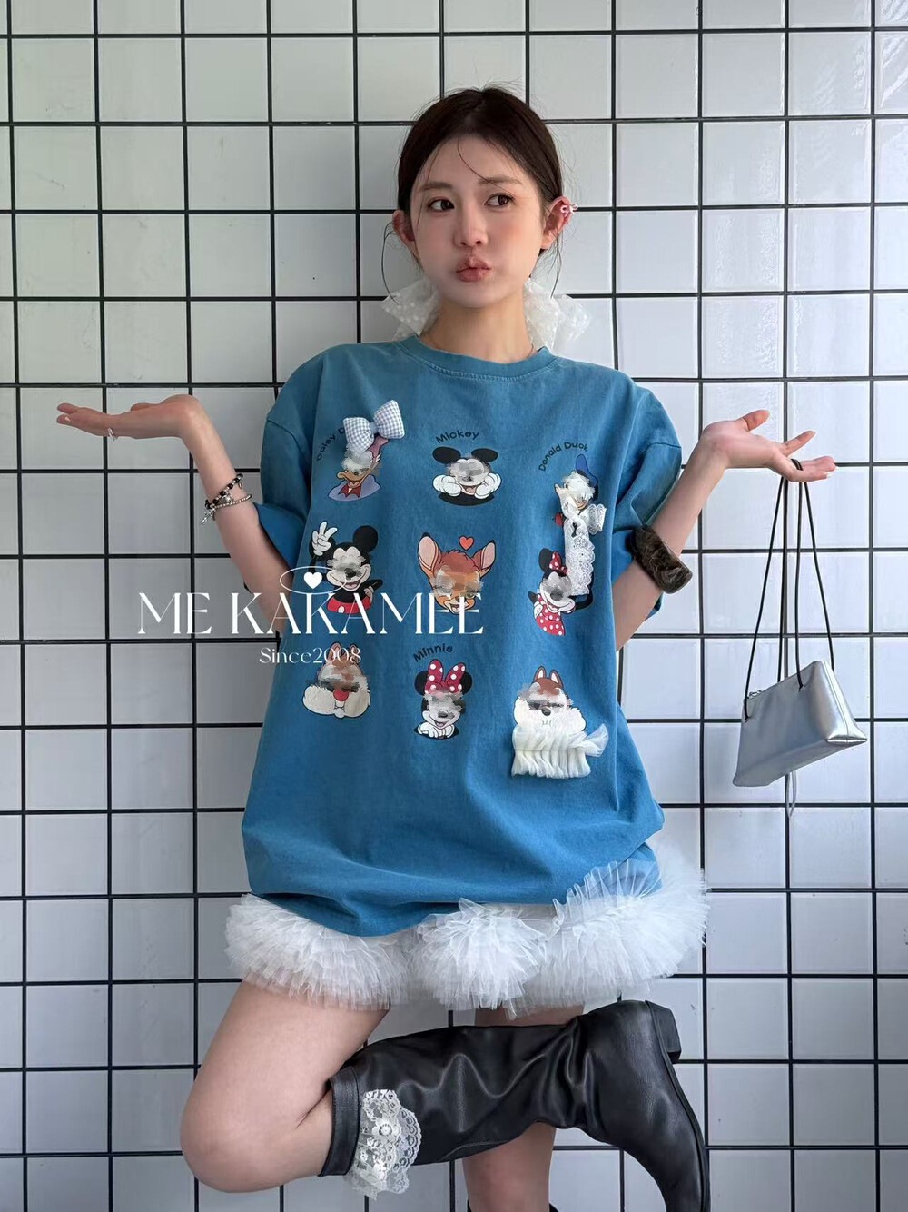 KAKAMEE十三行夏新品洗水炒沙工艺MQ卡通立体蝴蝶短袖T恤 8330
