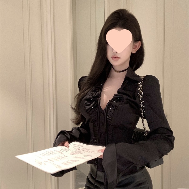 蕾丝拼接露背长袖衬衫女夏季修身绑带领衬衣设计感甜辣红色上衣|undefined