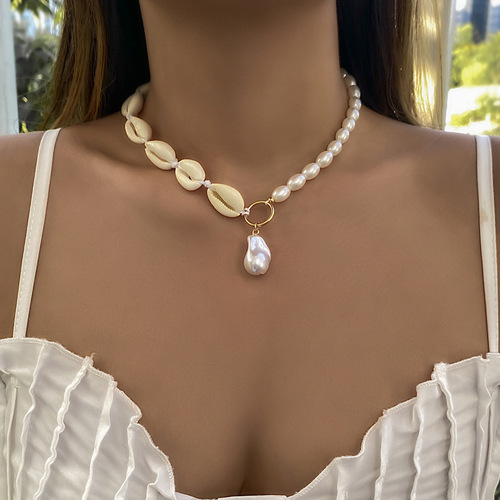 European and American cross-border jewelry, summer creative shell imitation pearl necklace for women, simple special-shaped versatile pendant necklace