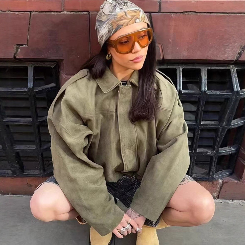 Aliexpress Cross-Border Wholesale European and American Fashion Aviator Suede Jacket Batwing Sleeve Zipper Casual Top Aliexpress Cross-Border Wholesale European and American Fashion Aviator Suede Jacket Batwing Sleeve Zipper Casual Top