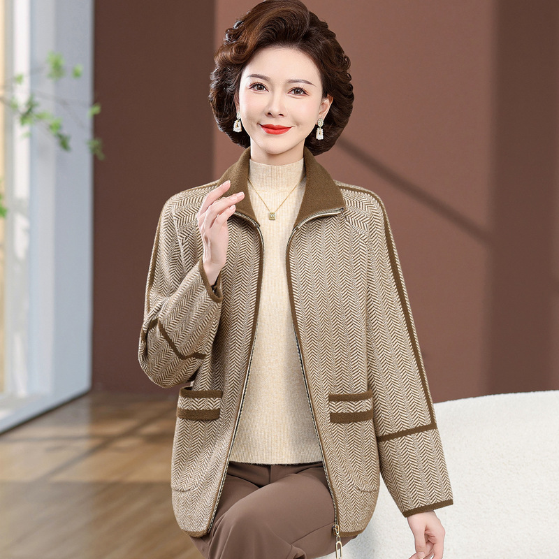 妈妈春秋装双面毛呢带领加厚外套奶奶洋气上衣中老年人女针织开衫|undefined