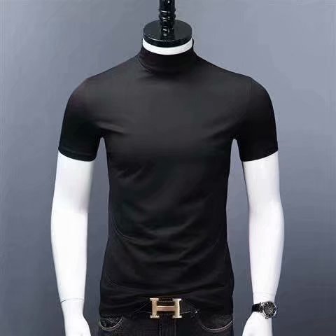 Men's High-Neck Short-Sleeve T-Shirt, Mercerized Cotton, Thin Summer Slim Fit Trendy Mid-Neck Base Shirt