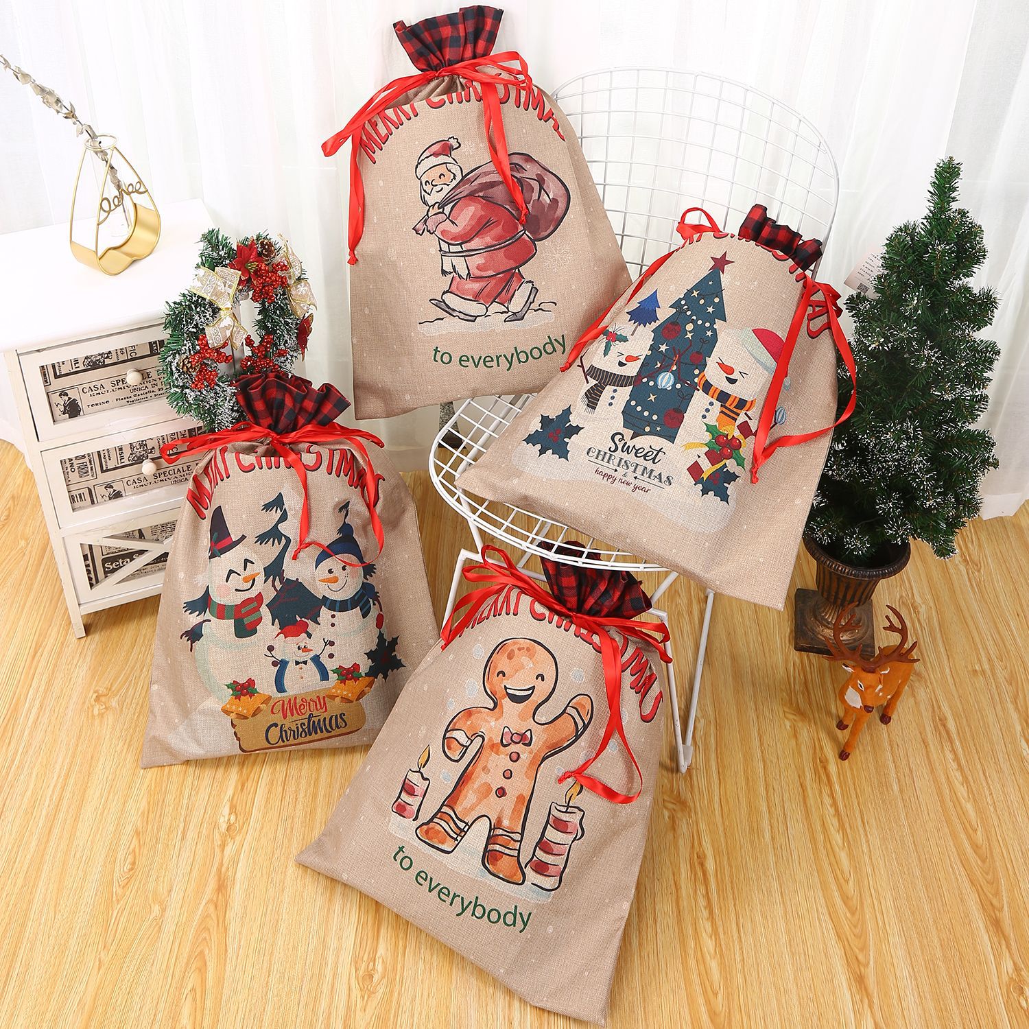 跨境新款大号麻布拼接圣诞节礼品袋糖果礼物包装袋数码印刷收纳袋|ms