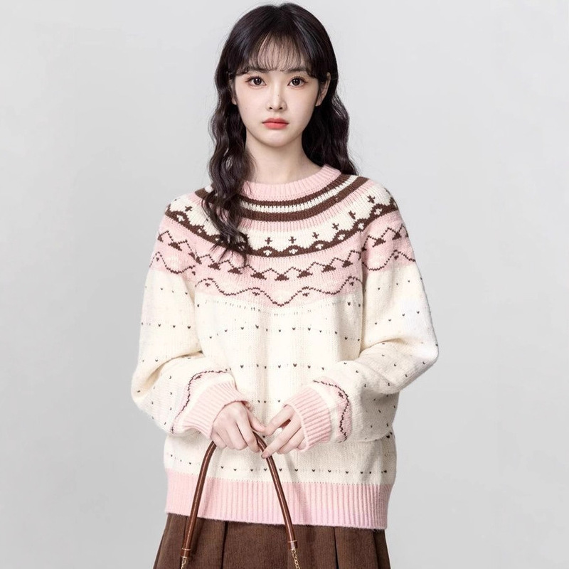 Pink Fair Isle Crew Neck Sweater for Women 2026 Autumn and Winter New Nordic Style Loose Thickened Pullover Knit Top