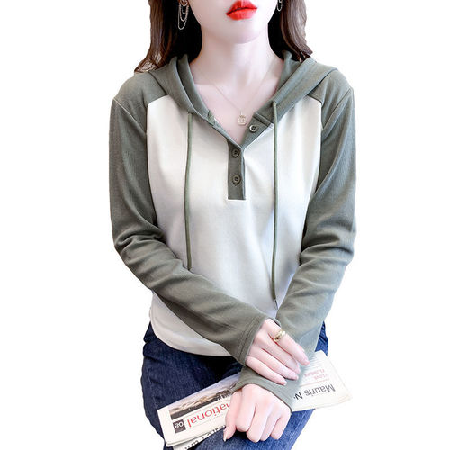Stylish Color Block Hooded Base Layer Sweatshirt Women's Winter Sweatshirt 2025 New Design Long Sleeve T-Shirt Short Top