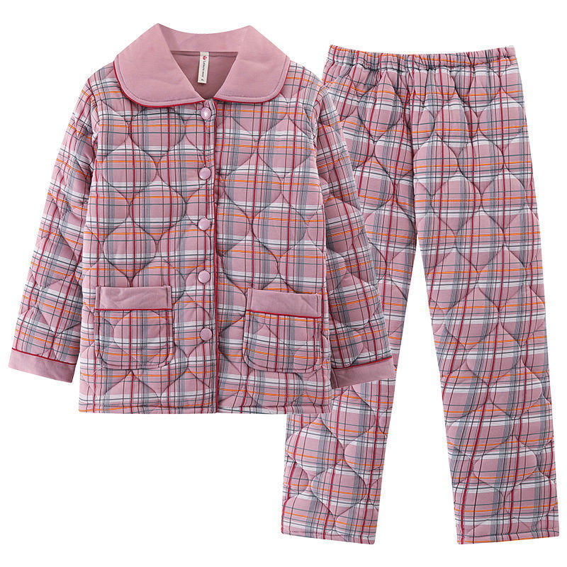 100% algodón engrosado de tres capas de las mujeres acolchadas de otoño e invierno pijamas estilo occidental simple traje de desgaste para el hogar