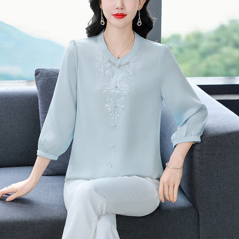 新中式刺绣真丝衬衫女夏季气质七分袖衬衣复古国风盘扣桑蚕丝上衣