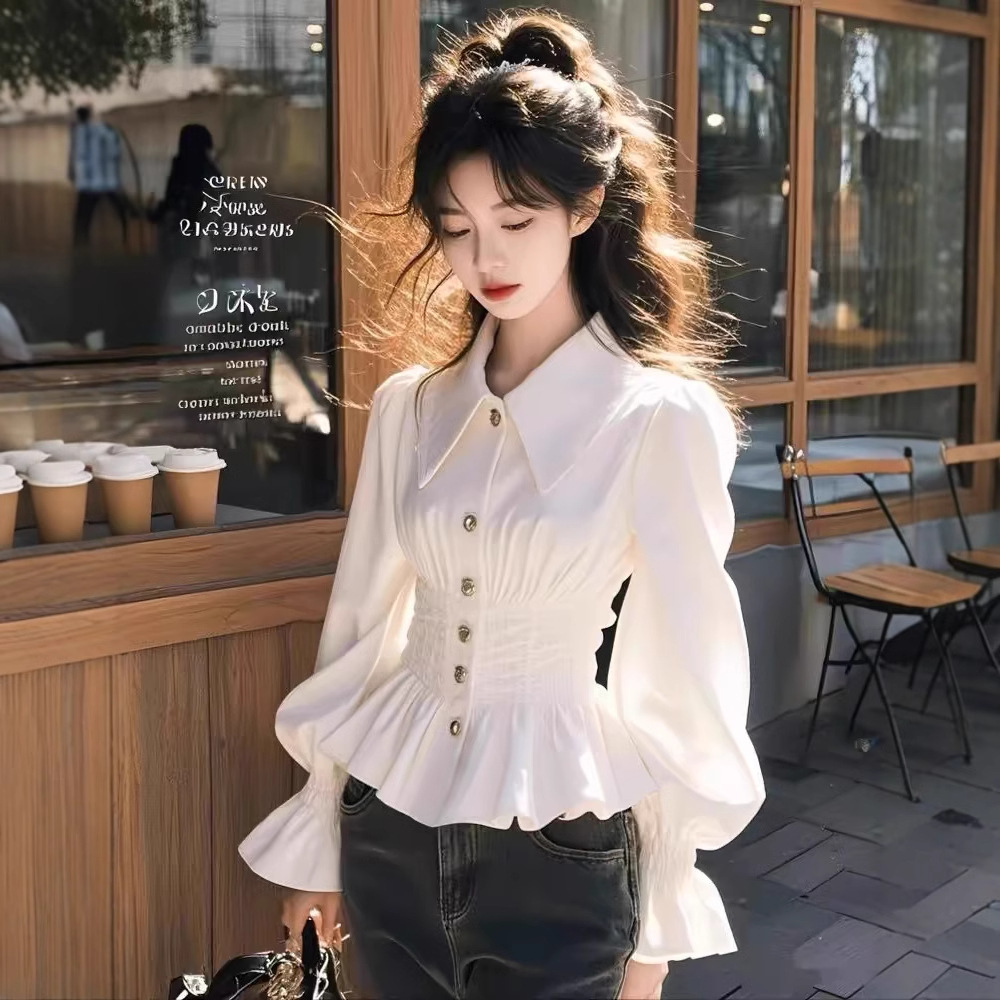 Sweet and Gentle Style White High-End Long-Sleeved Shirt Women's Spring & Fall French Waist Slimming Fashionable Top