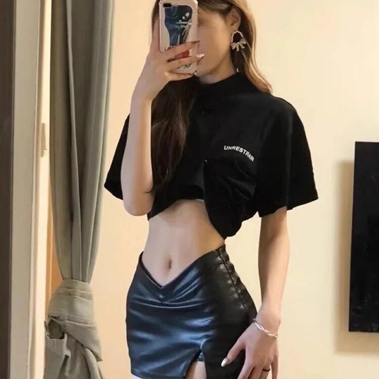 Black Spicy Girl Low-Waist Skirt for Women, Autumn Slit Petite Shorts Skirt, Pu Leather Skirt, Sexy Bodycon Skirt, XS