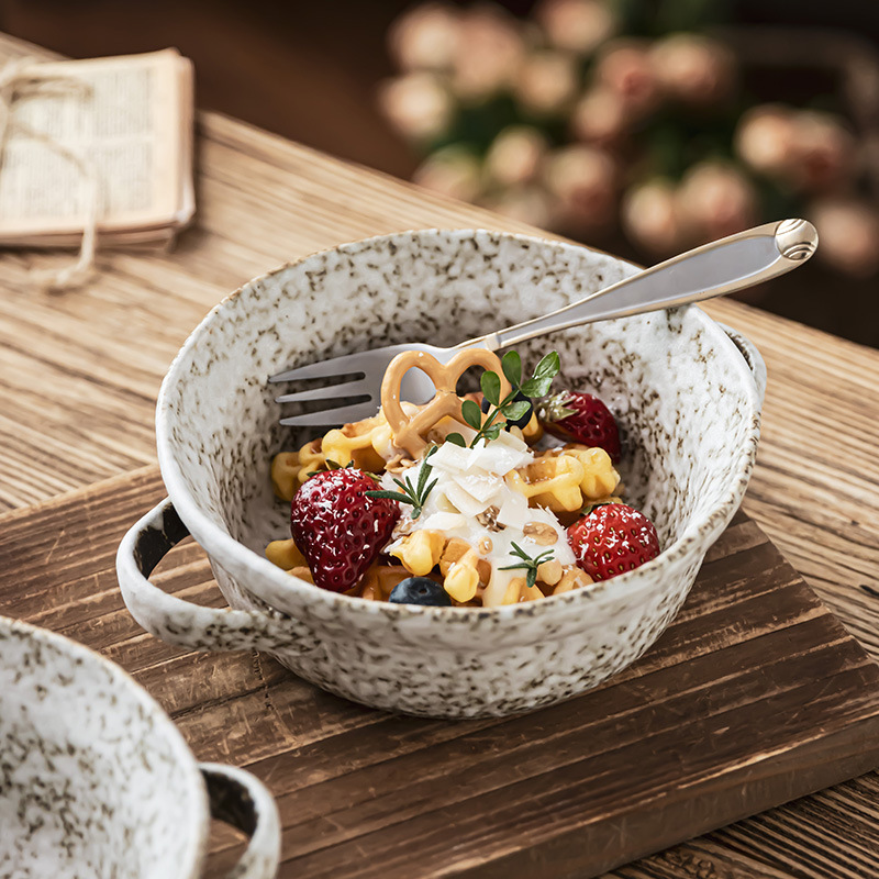 Cuencos de doble oreja de piedra característicos cuencos de cubiertos retro cuencos domésticos al por mayor cuencos de ensalada de frutas cuencos prácticos