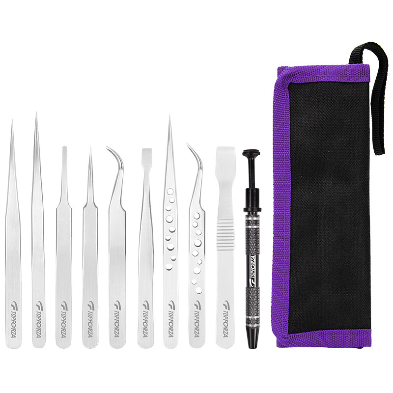 不锈钢镊子尖头弯头扁头平头专业精密镊子组撬片工具包套装10件套