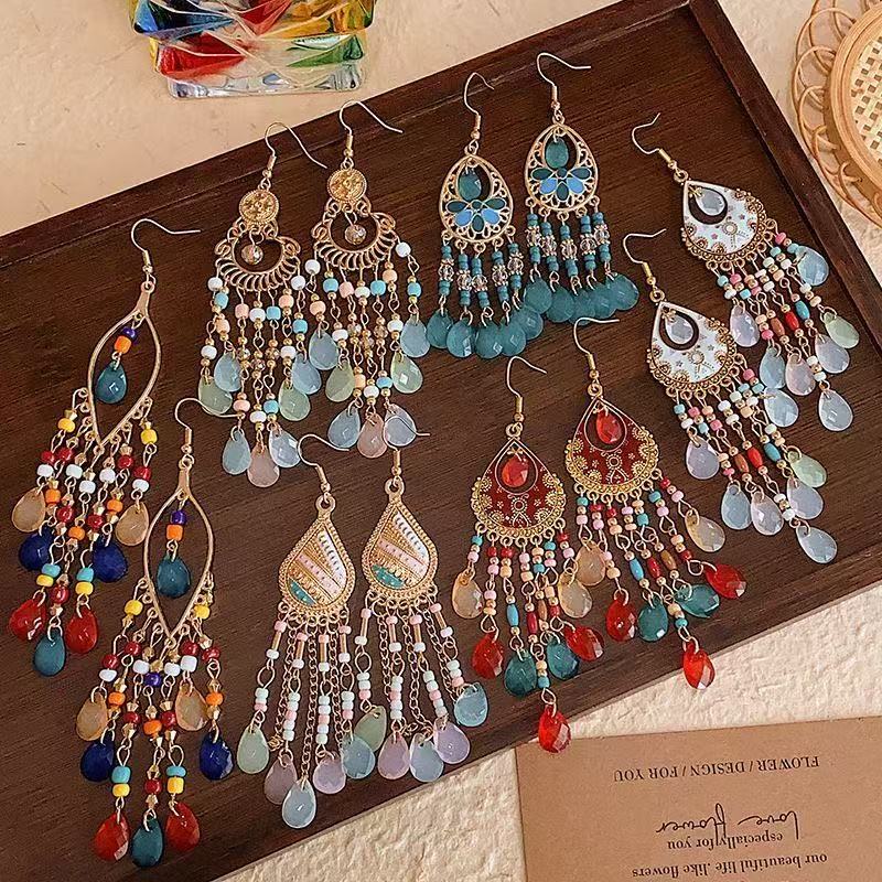 民族风水晶长款流苏耳环个性拍照显脸瘦夸张耳饰波西米亚旅游饰品