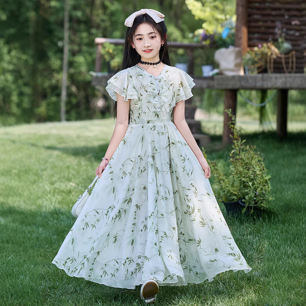 Girls Summer Clothes 2025 New Style Medium and Large Kidsren's Chiffon Dress Kidsren's Floral Skirt Kidsren's Summer Beach Skirt