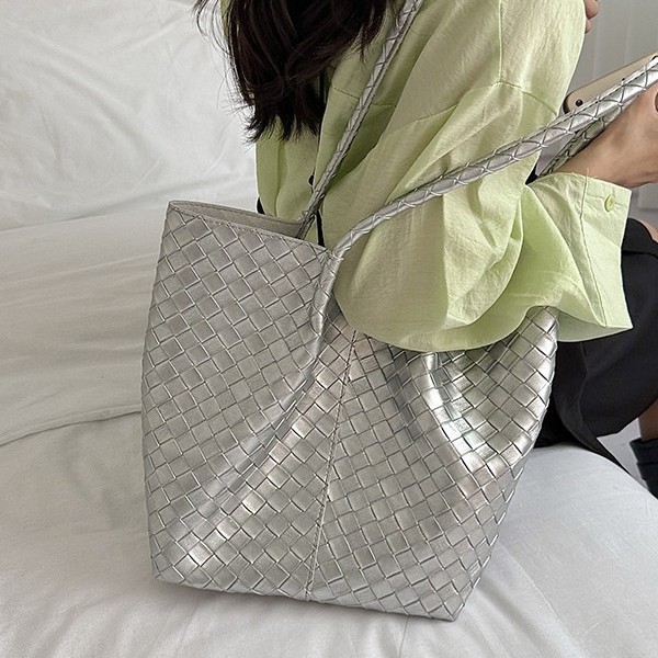Bolso Tote Tejido para Mujer de PU, Gran Capacidad, Cierre Magnético, para Uso Diario